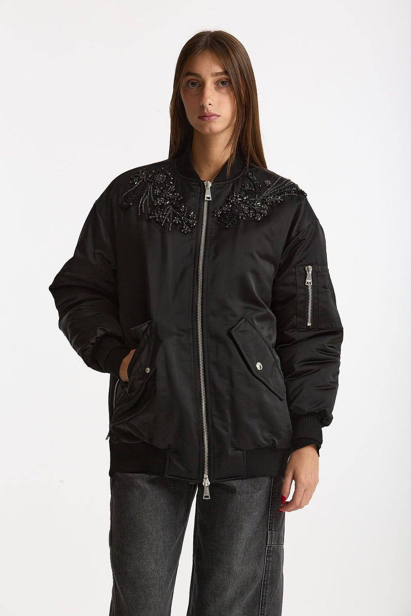 Bomber imbottito in raso con ricami gioiello nero donna Ermanno firenze - 8