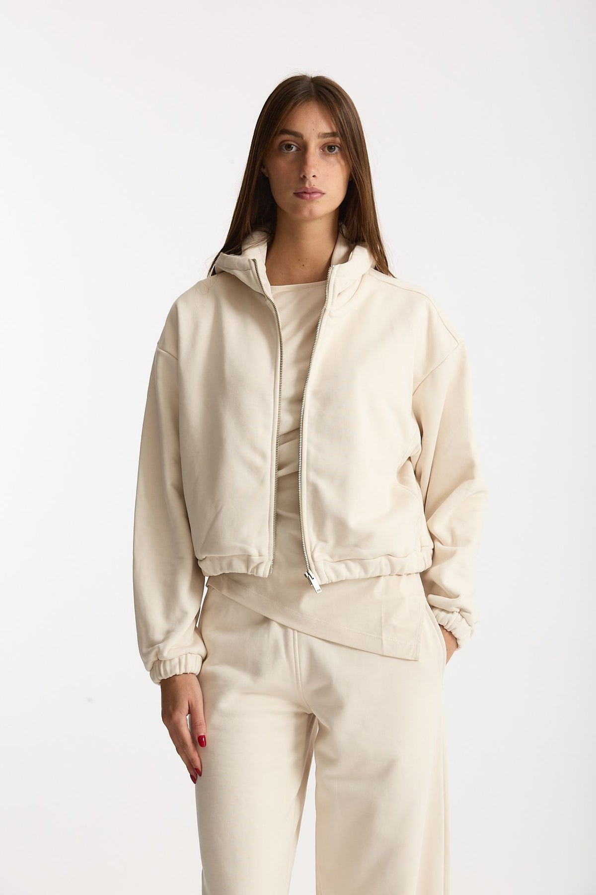 Felpa crop con zip beige donna Woc - 1