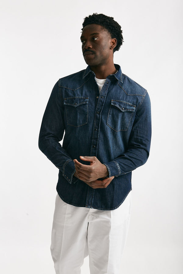 camicia in cotone fermo denim scuro uomo Dondup