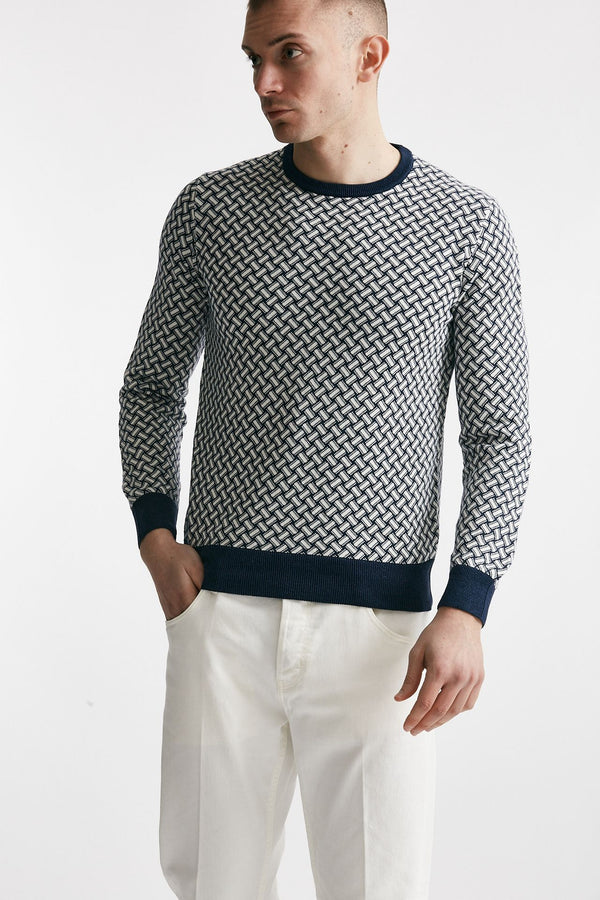 maglia in cotone e lino girocollo fantasia bianco e blu uomo Drumohr