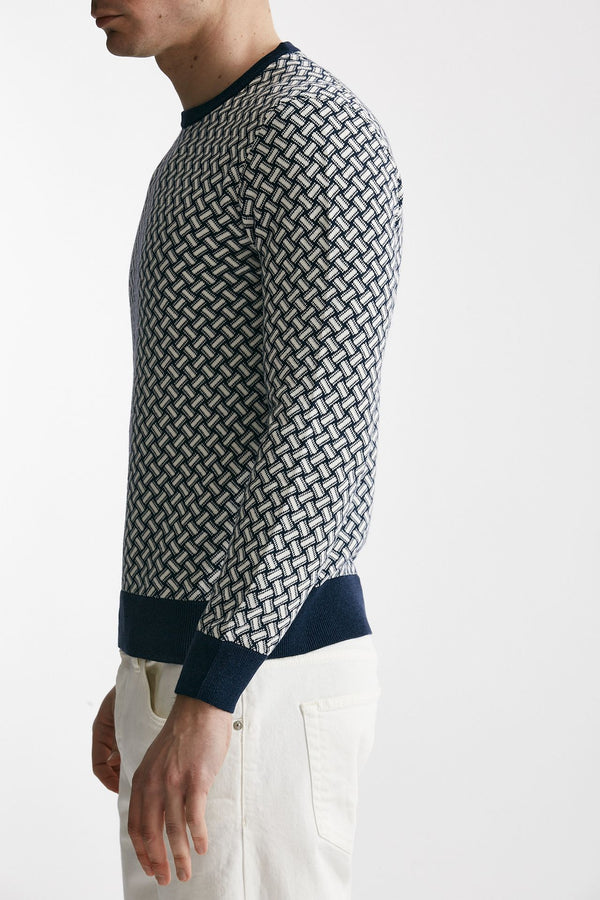 maglia in cotone e lino girocollo fantasia bianco e blu uomo Drumohr