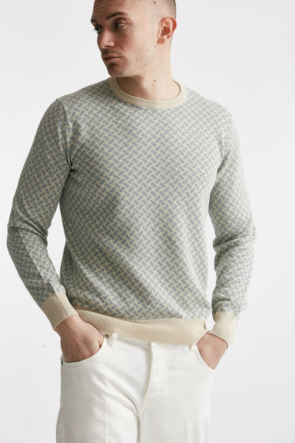 maglia in cotone e lino fantasia panna e azzurro uomo Drumohr