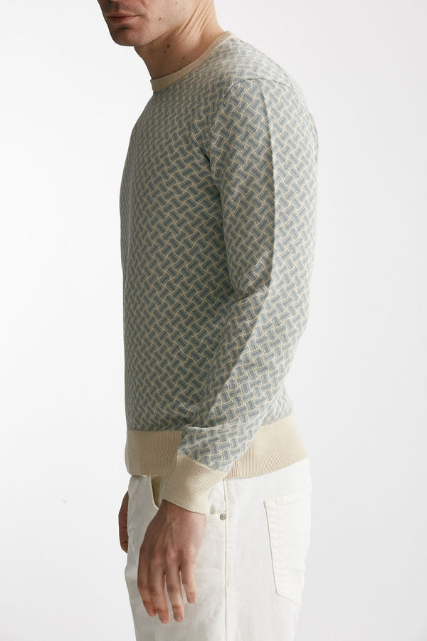 maglia in cotone e lino fantasia panna e azzurro uomo Drumohr