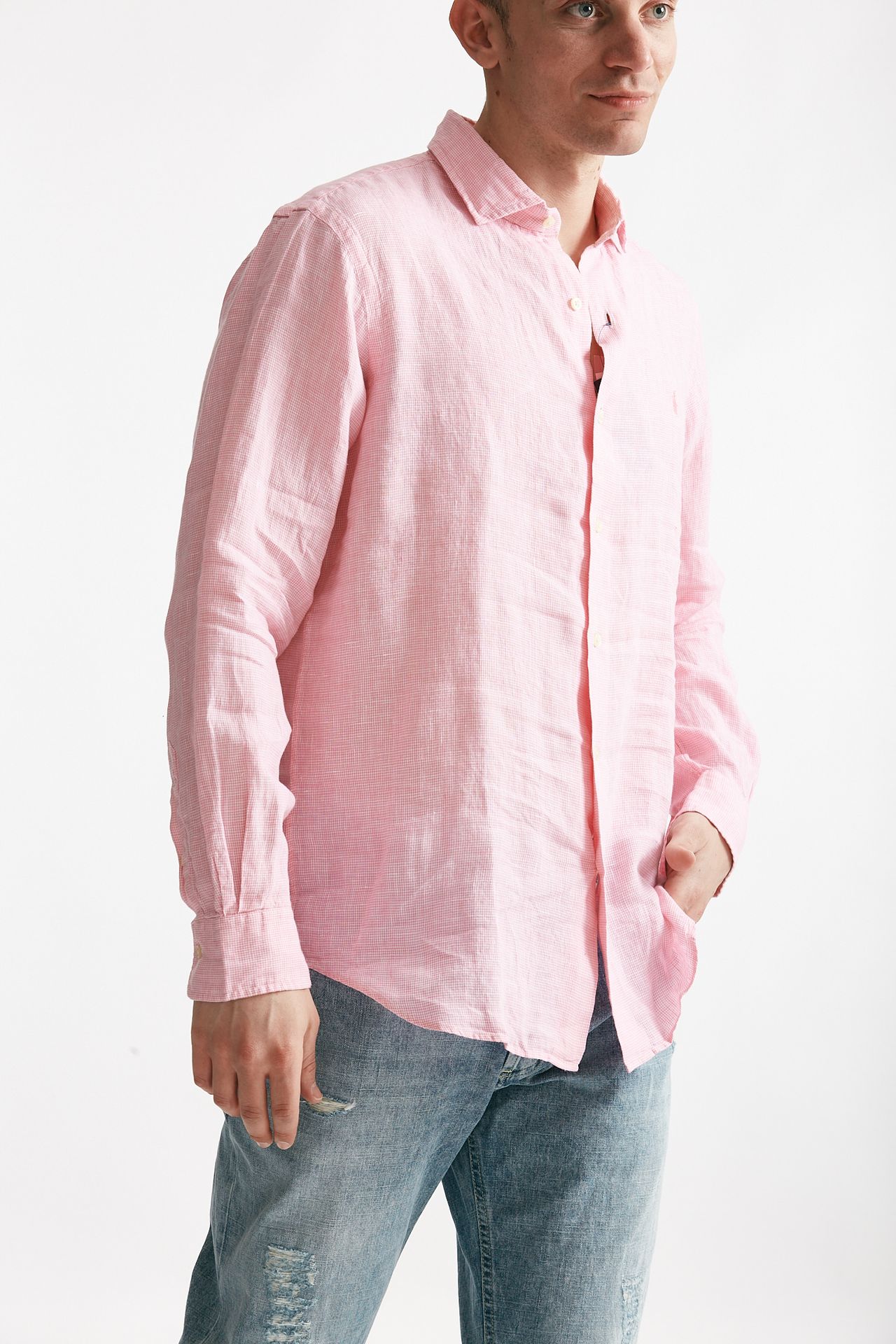 camicia in lino rosa micro fantasia uomo Polo ralph lauren - 4