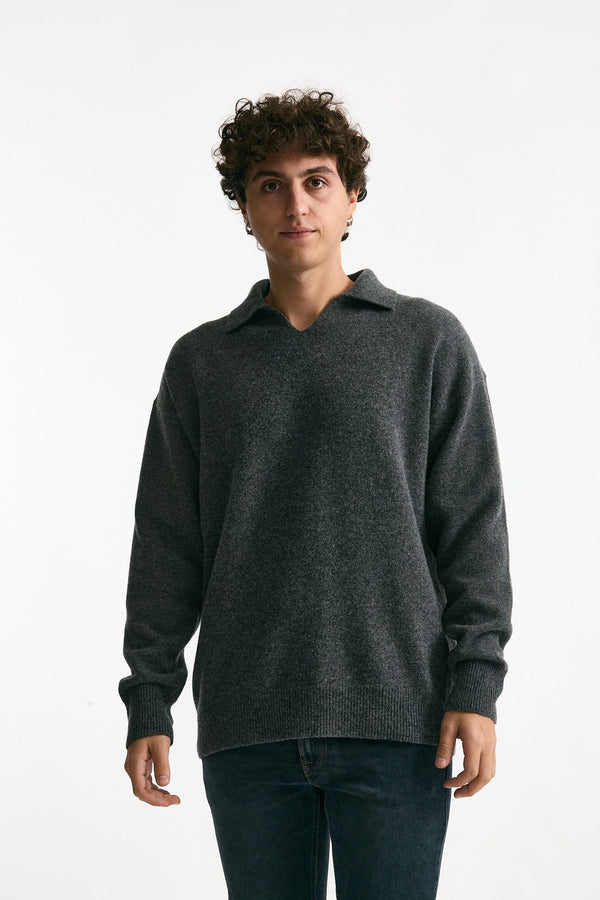 Polo in lana scollo V grigio uomo Grifoni