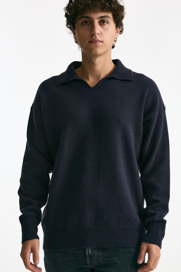 Polo in lana scollo a V blu uomo Grifoni