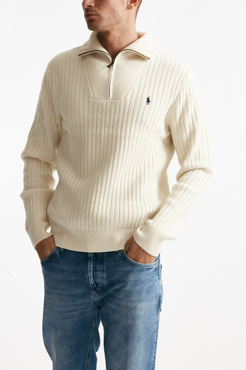 maglia mezza zip in lana e cotone bianco Polo ralph lauren Uomo