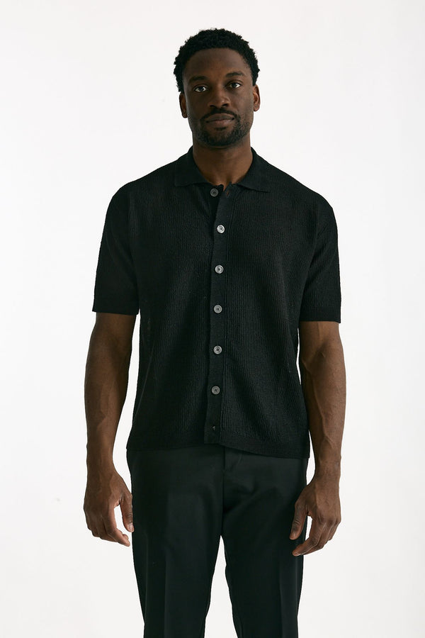 Polo camicia in lino e poliammide nero uomo Atomo factory