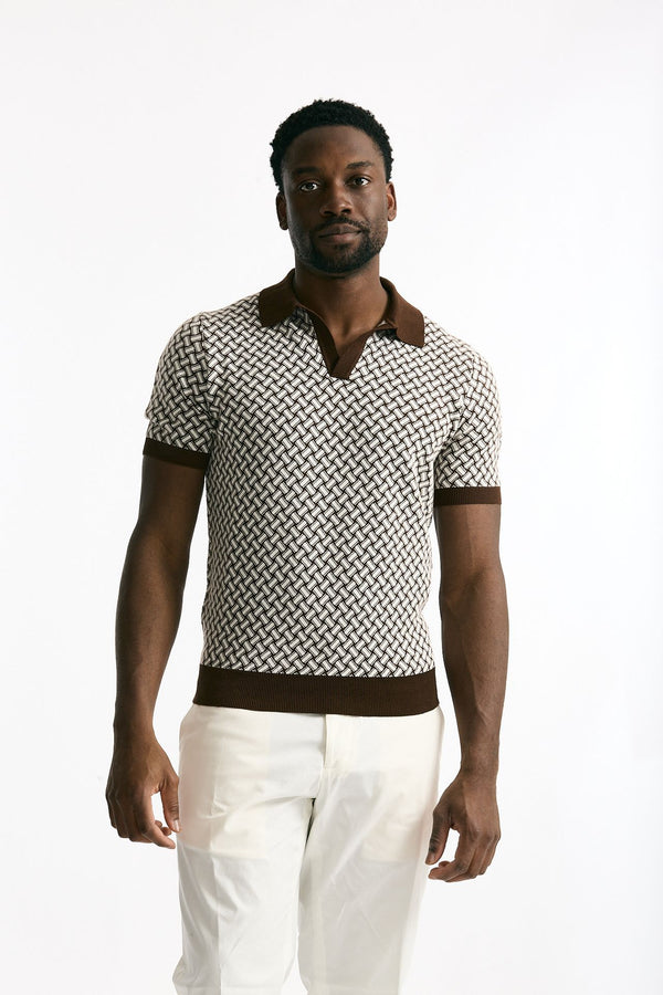 Polo in cotone e lino fantasia bianco e moro uomo Drumohr