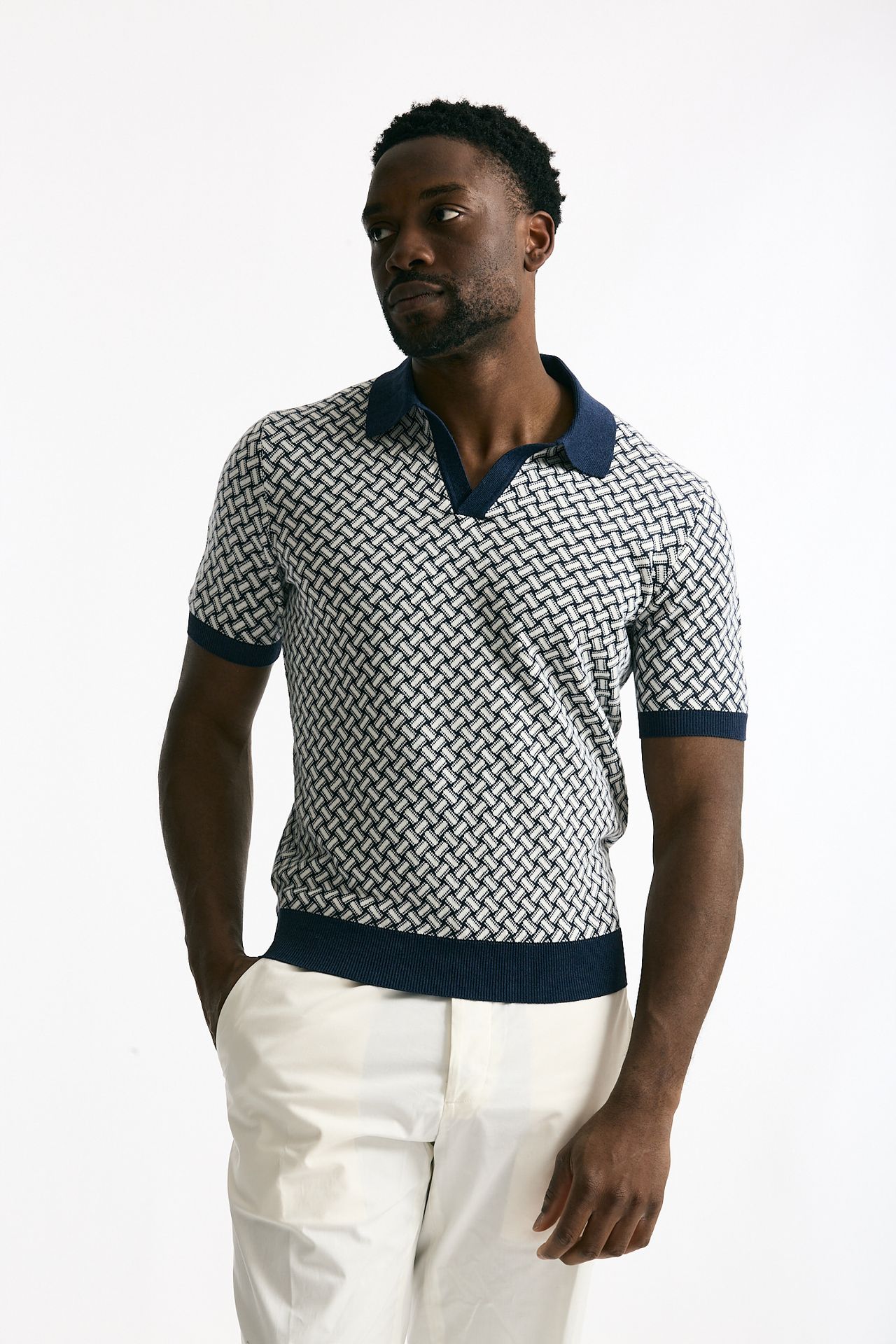 Polo in cotone e lino fantasia bianco e blu uomo Drumohr - 1