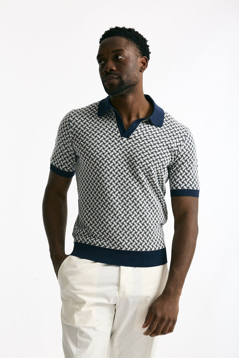 Polo in cotone e lino fantasia bianco e blu uomo Drumohr - 1