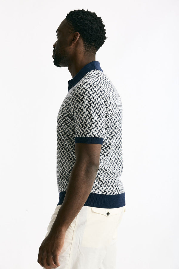 Polo in cotone e lino fantasia bianco e blu uomo Drumohr