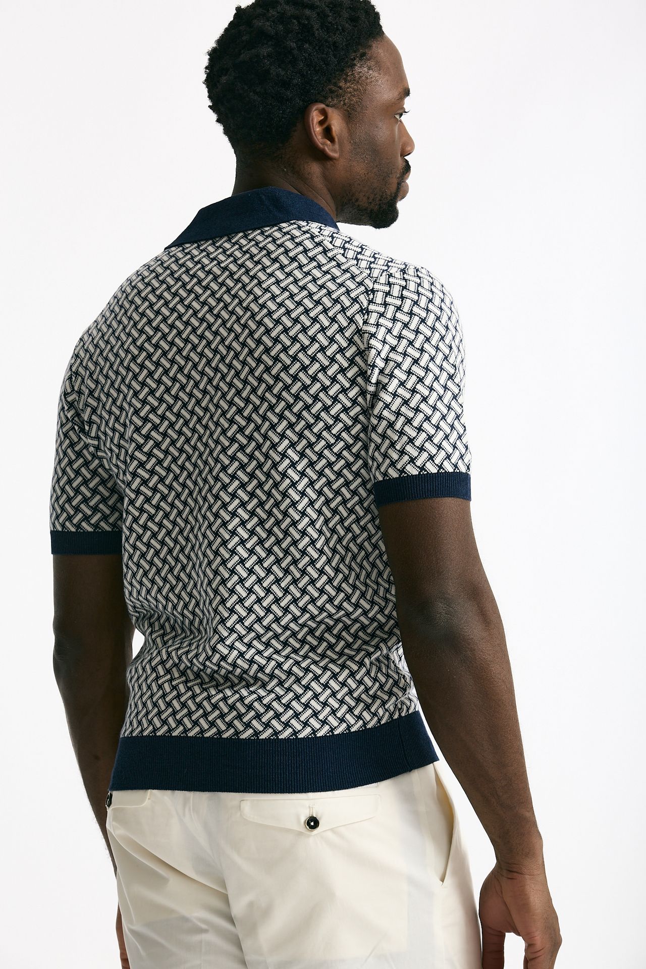 Polo in cotone e lino fantasia bianco e blu uomo Drumohr - 3