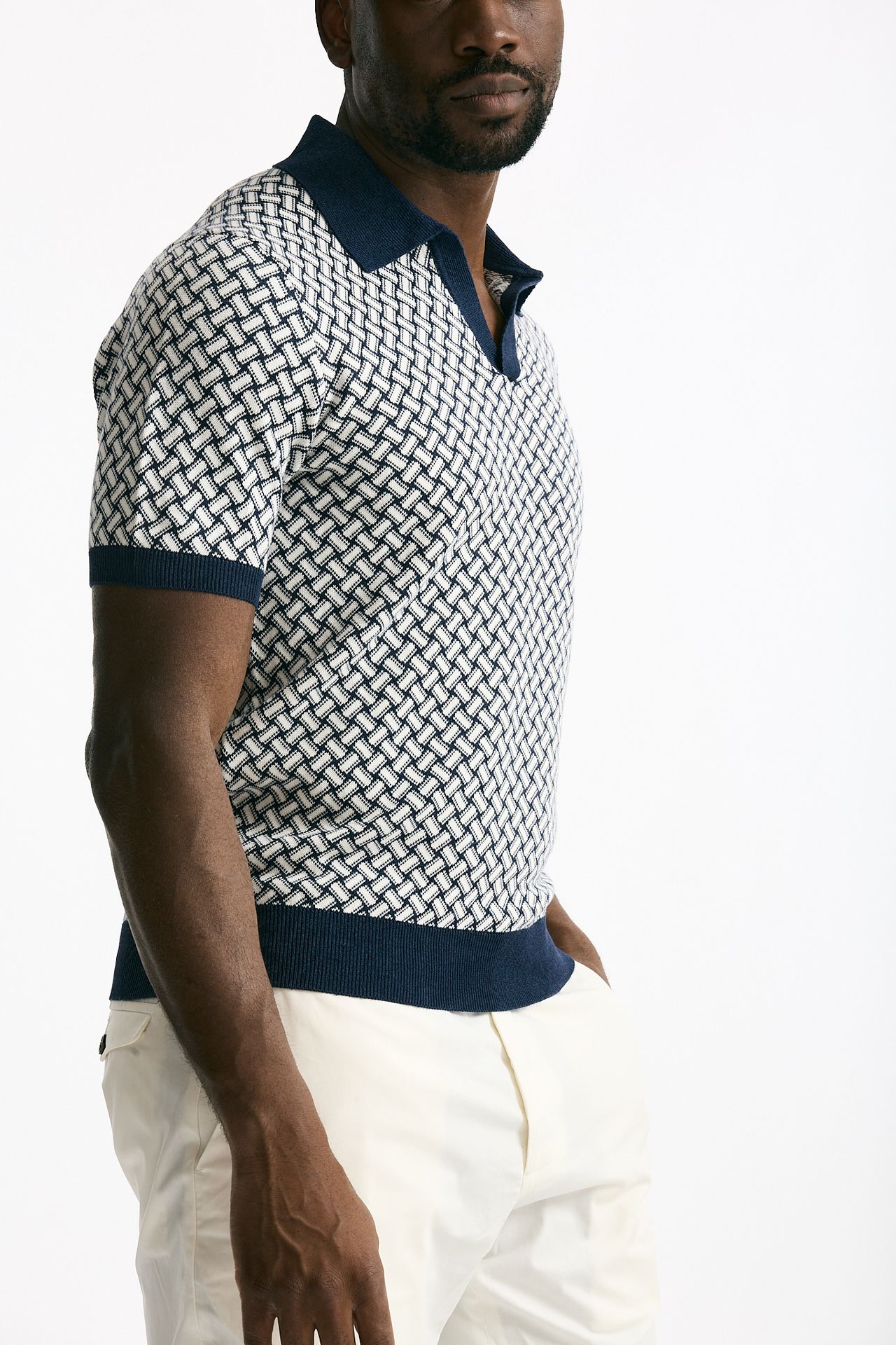 Polo in cotone e lino fantasia bianco e blu uomo Drumohr - 4