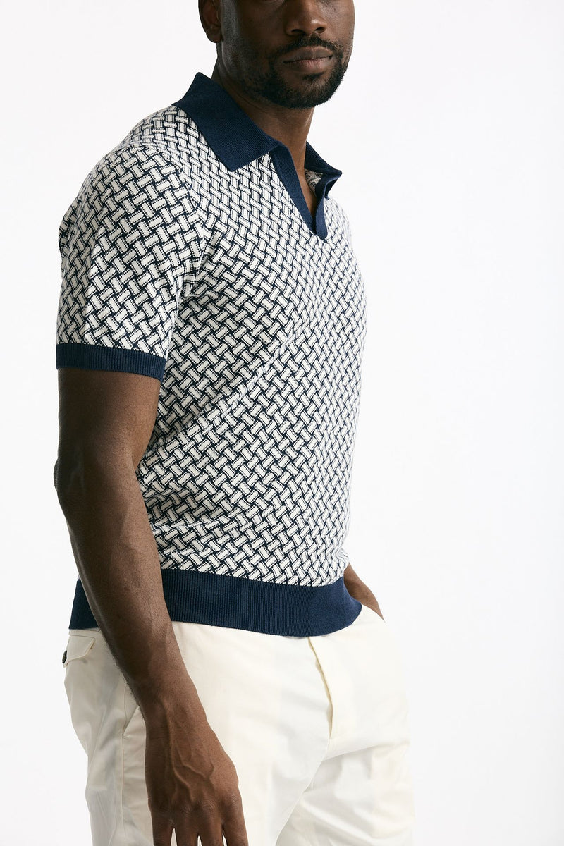 Polo in cotone e lino fantasia bianco e blu uomo Drumohr - 4