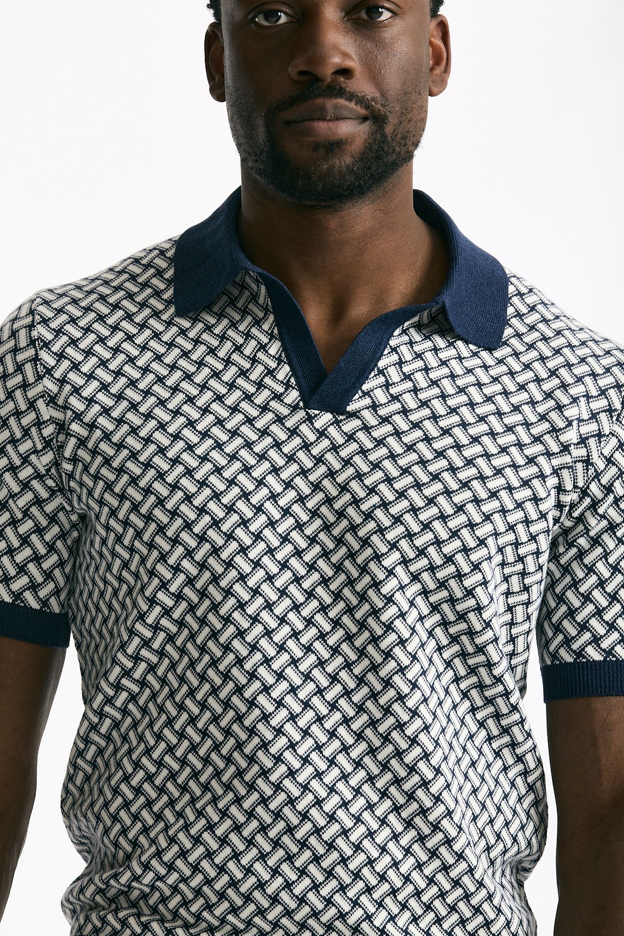 Polo in cotone e lino fantasia bianco e blu uomo Drumohr - 5
