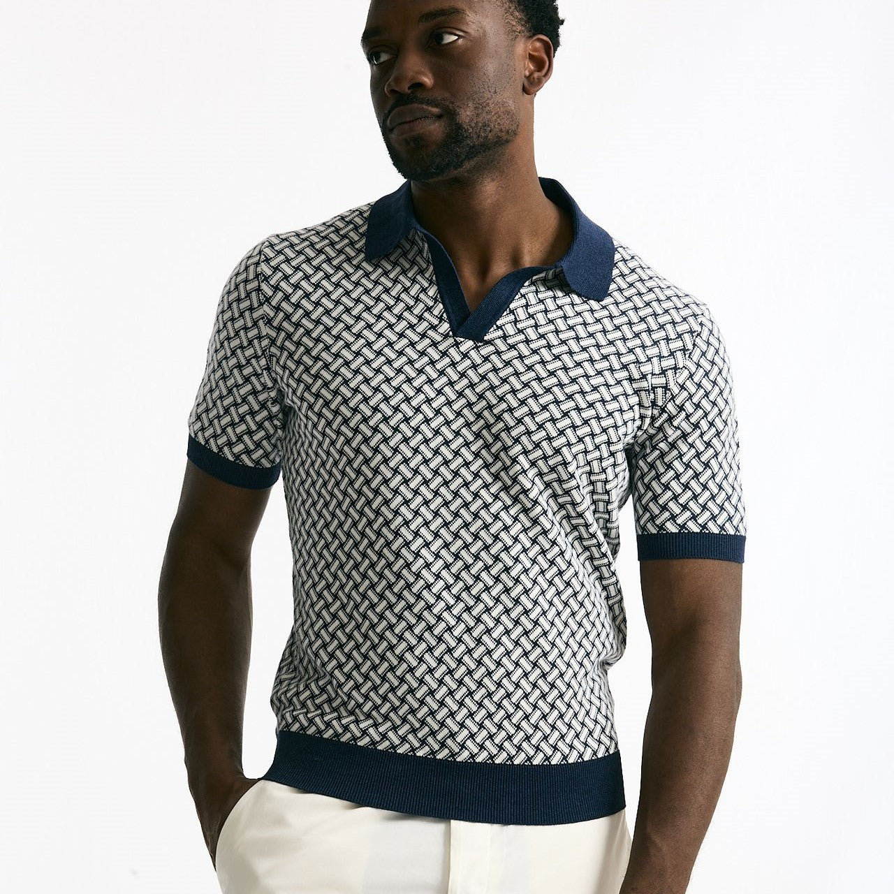 Polo in cotone e lino fantasia bianco e blu uomo Drumohr - 6