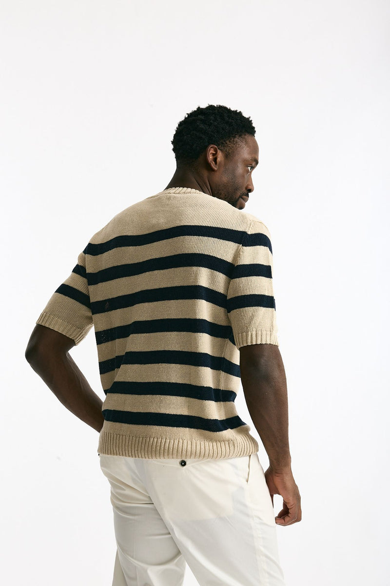 T-shirt in lino rigata beige e blu uomo Hosio - 3