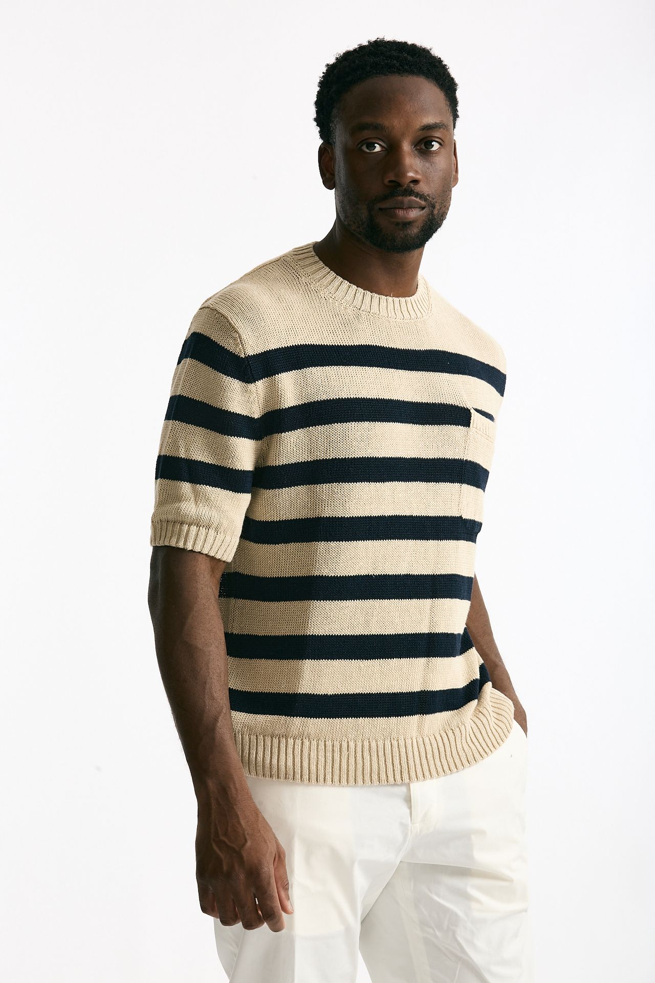 T-shirt in lino rigata beige e blu uomo Hosio - 4