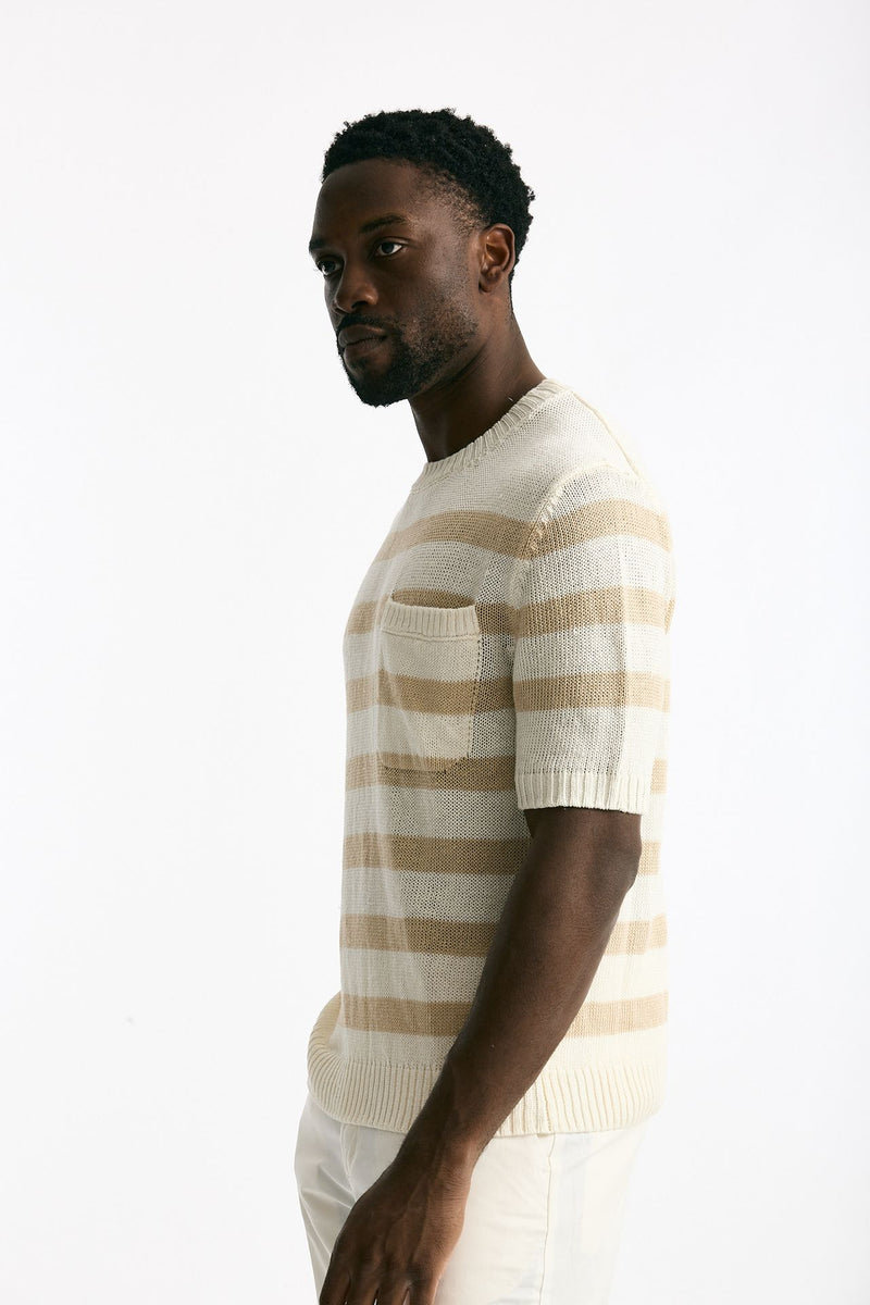T-shirt in lino rigata beige e bianco uomo Hosio - 3