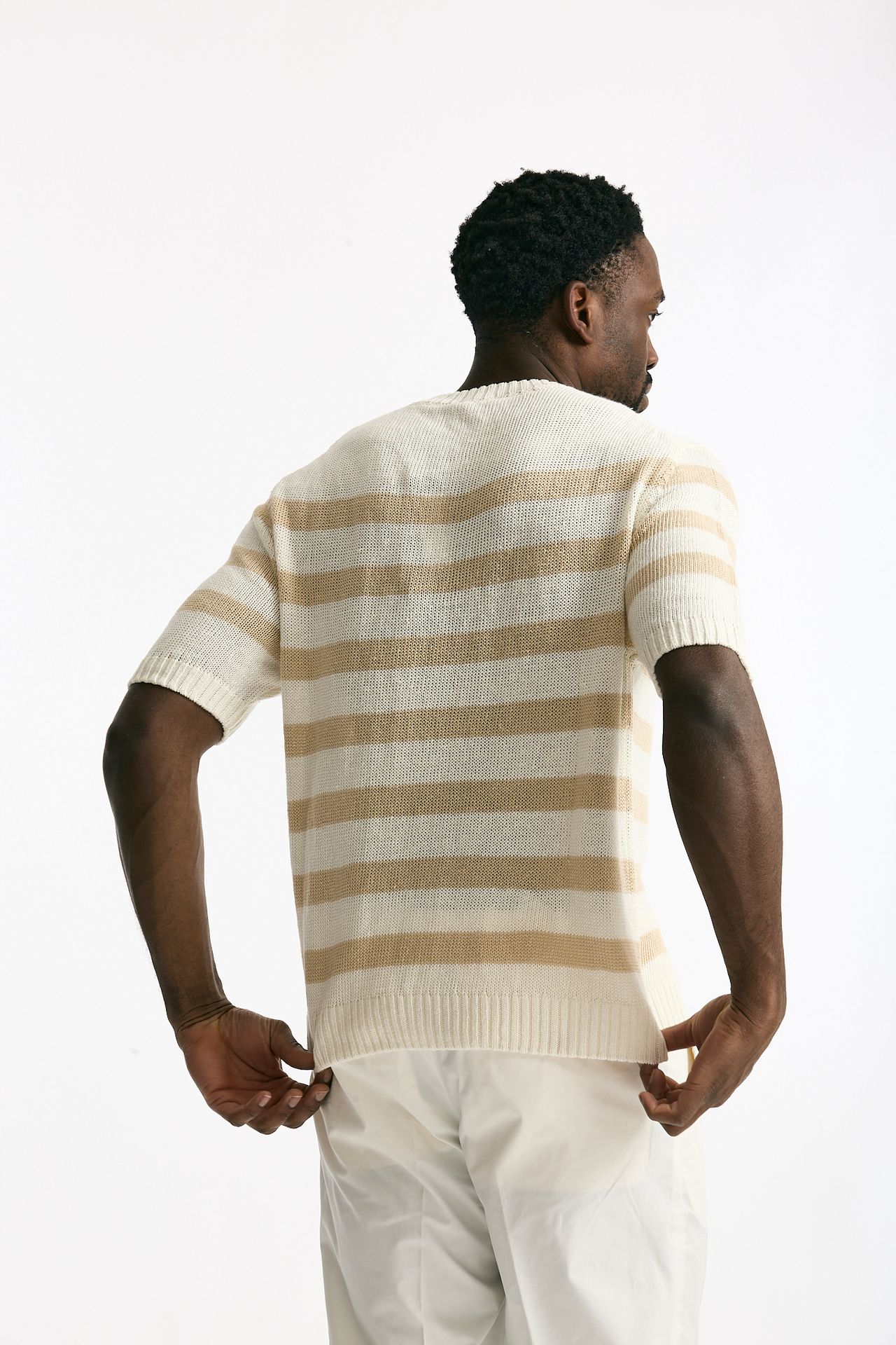 T-shirt in lino rigata beige e bianco uomo Hosio - 1