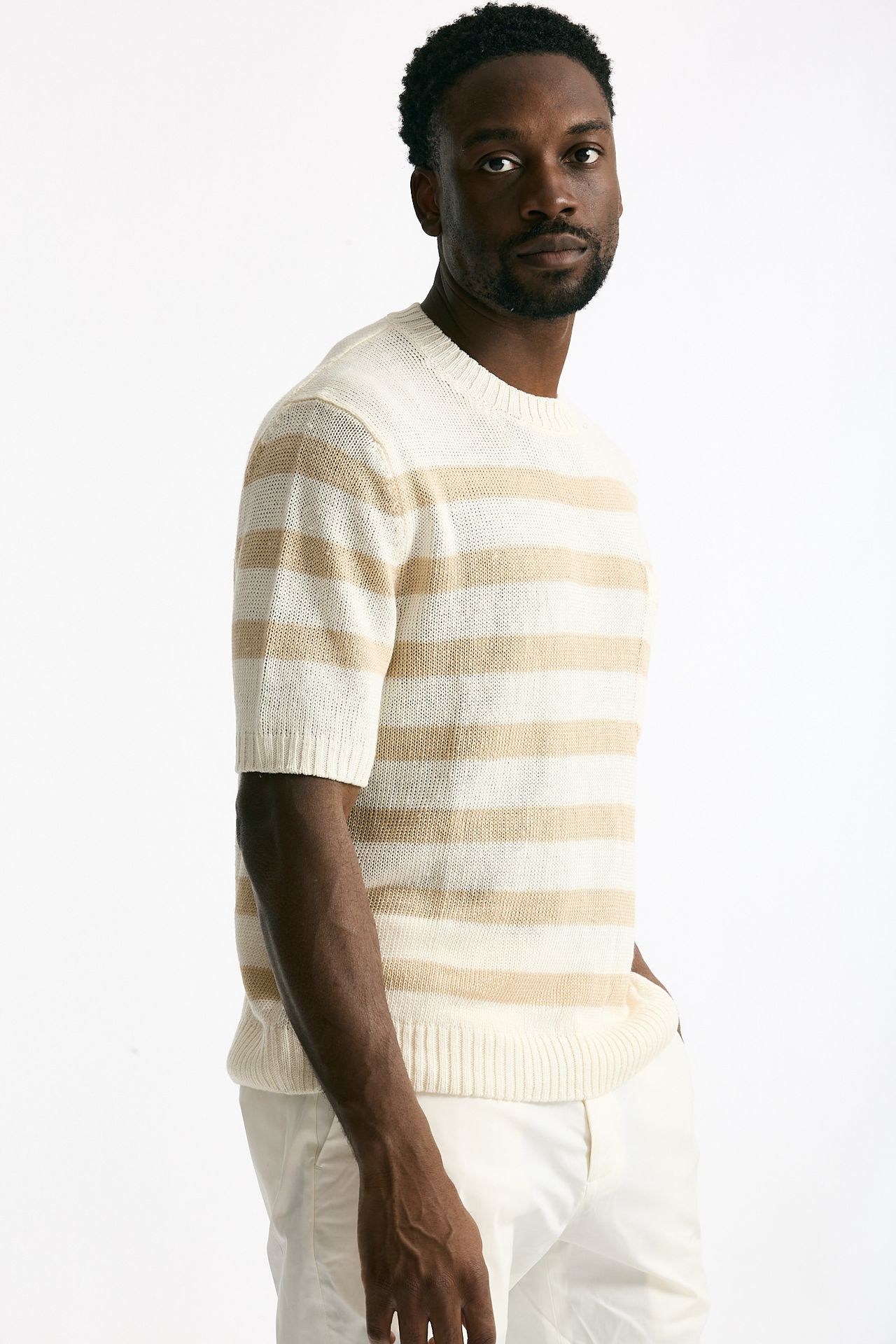 T-shirt in lino rigata beige e bianco uomo Hosio - 4
