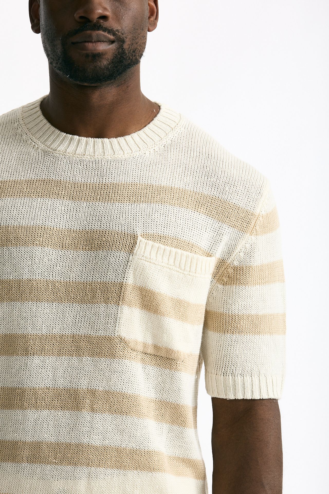 T-shirt in lino rigata beige e bianco uomo Hosio - 5