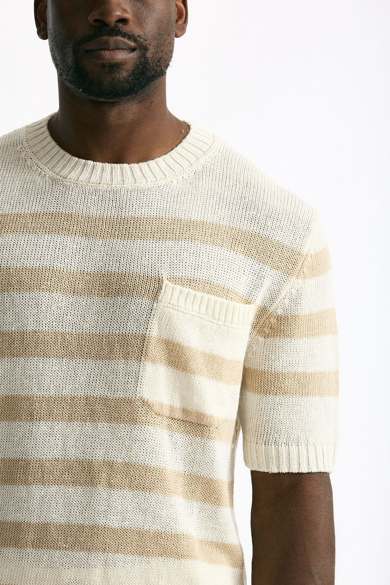 T-shirt in lino rigata beige e bianco uomo Hosio - 5