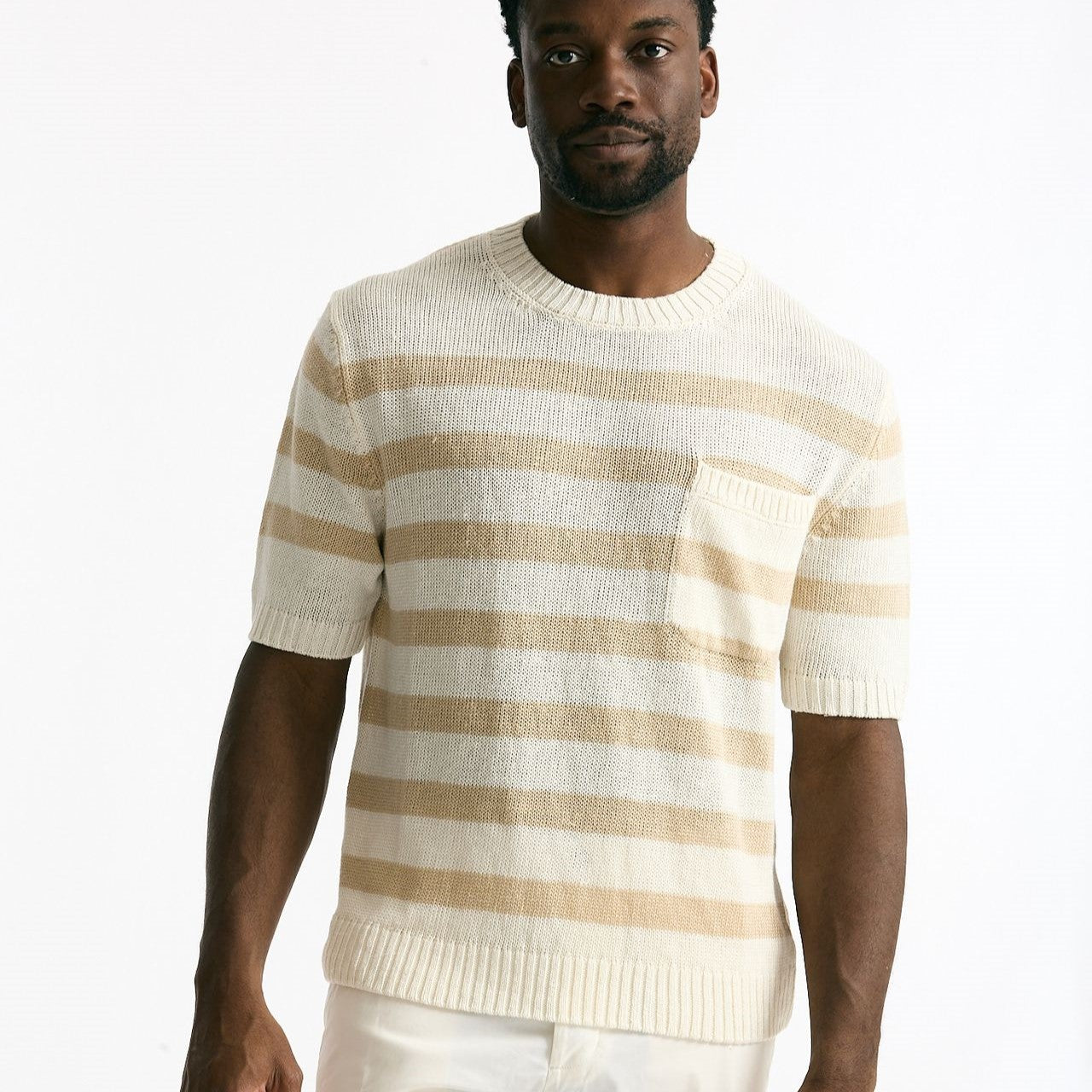 T-shirt in lino rigata beige e bianco uomo Hosio - 6