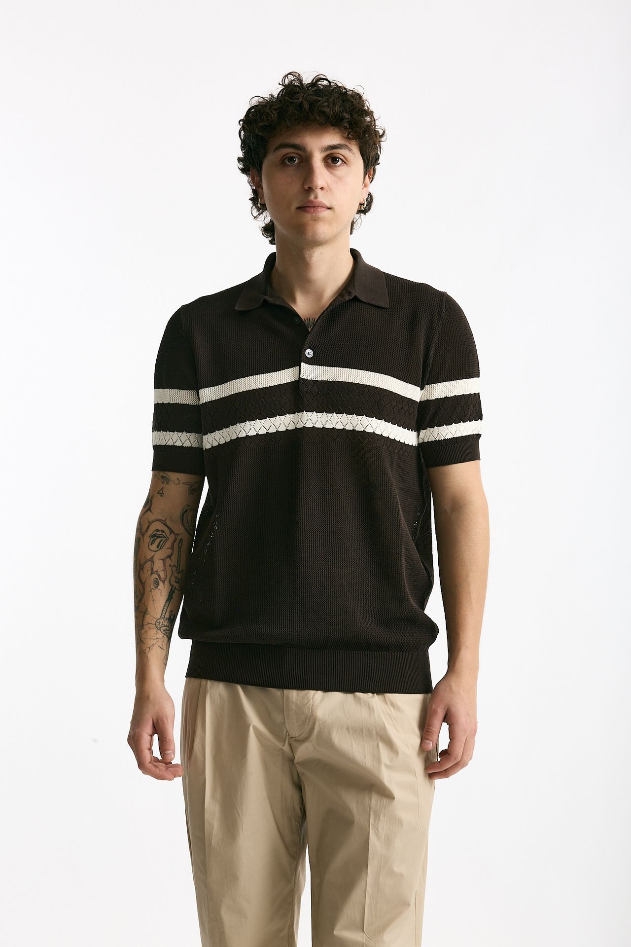 Polo rigata in cotone marrone uomo Hosio - 1