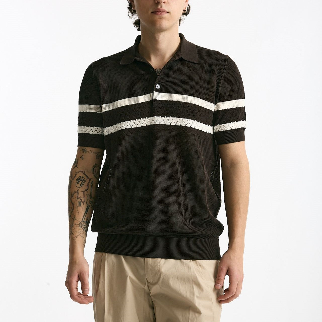Polo rigata in cotone marrone uomo Hosio - 6