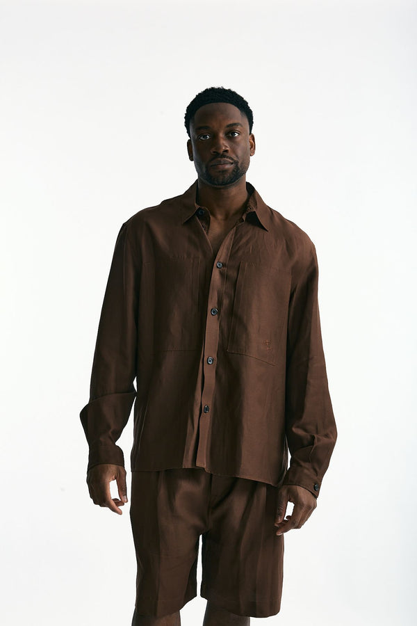 Camicia in viscosa e lino marrone uomo Laneus