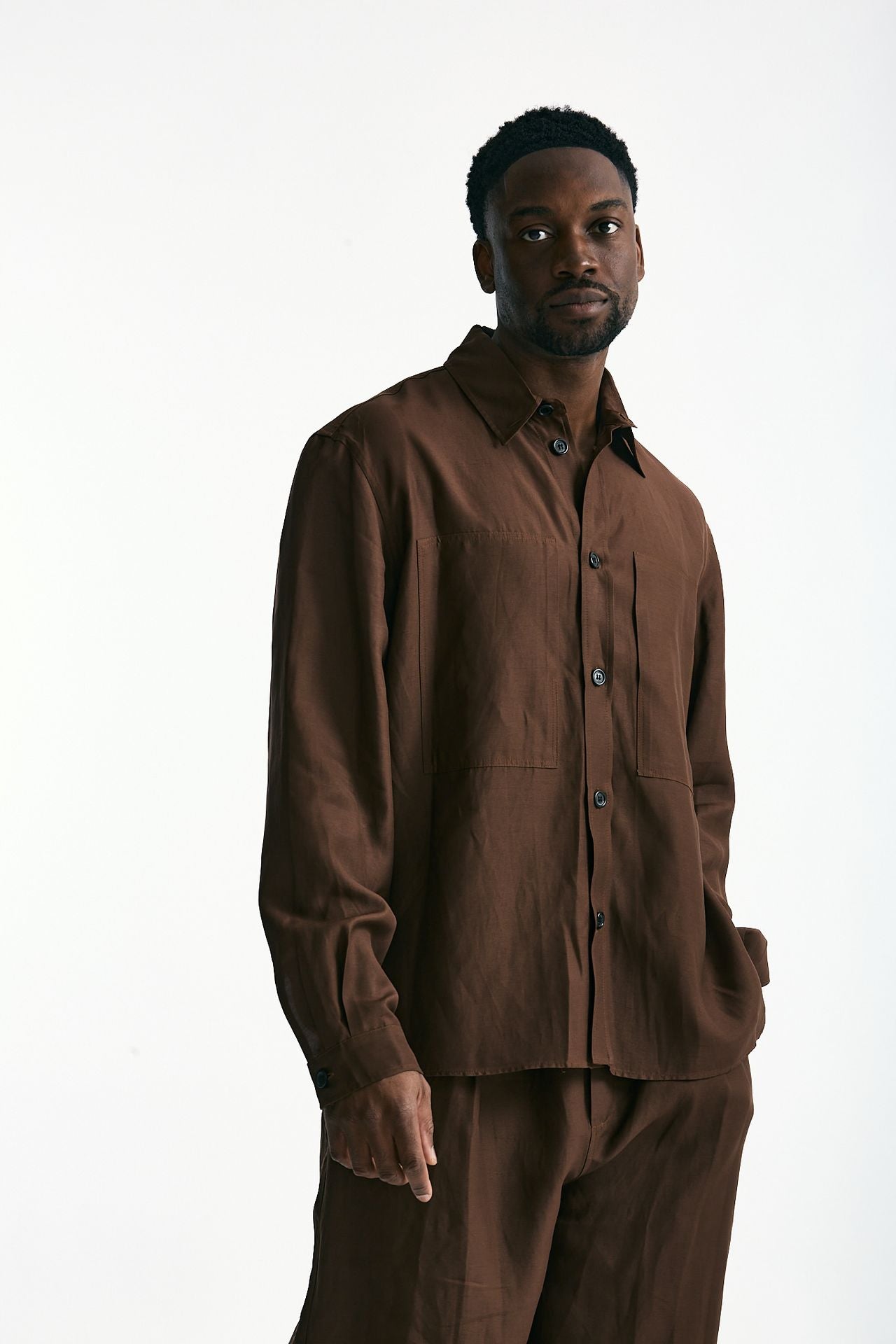 Camicia in viscosa e lino marrone uomo Laneus - 1