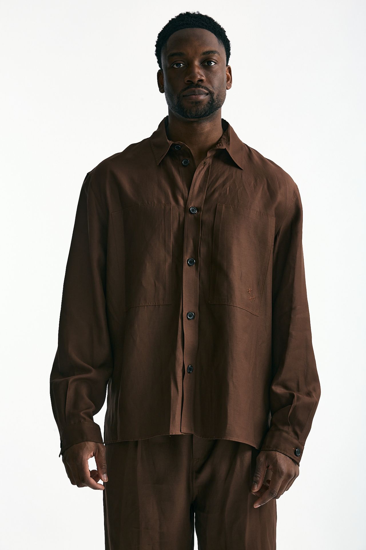 Camicia in viscosa e lino marrone uomo Laneus - 7