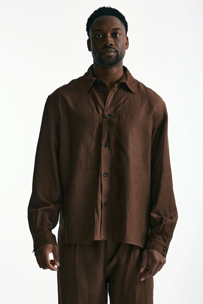 Camicia in viscosa e lino marrone uomo Laneus - 7
