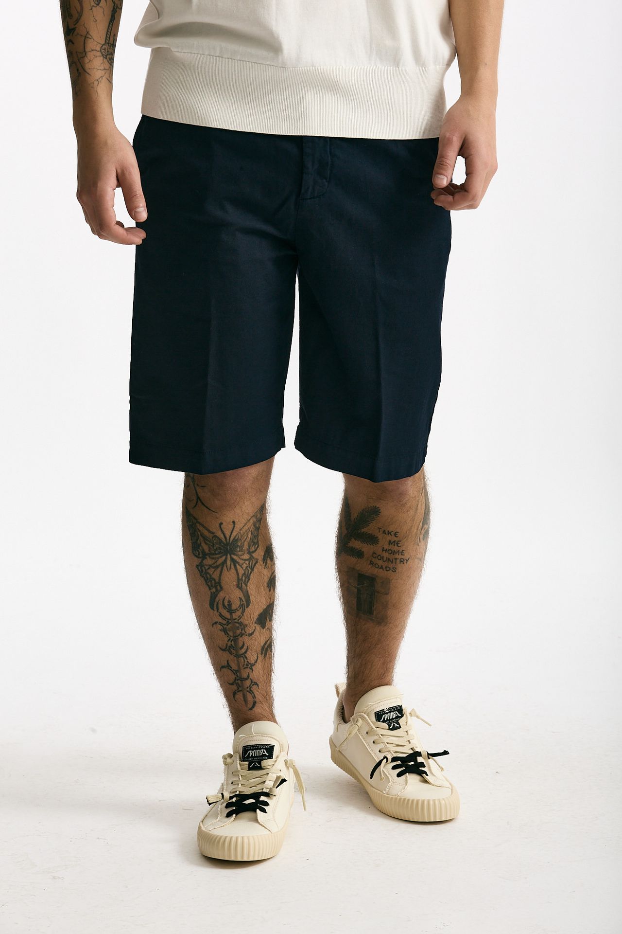 Bermuda in cotone e lino stretch blu uomo White sand - 2