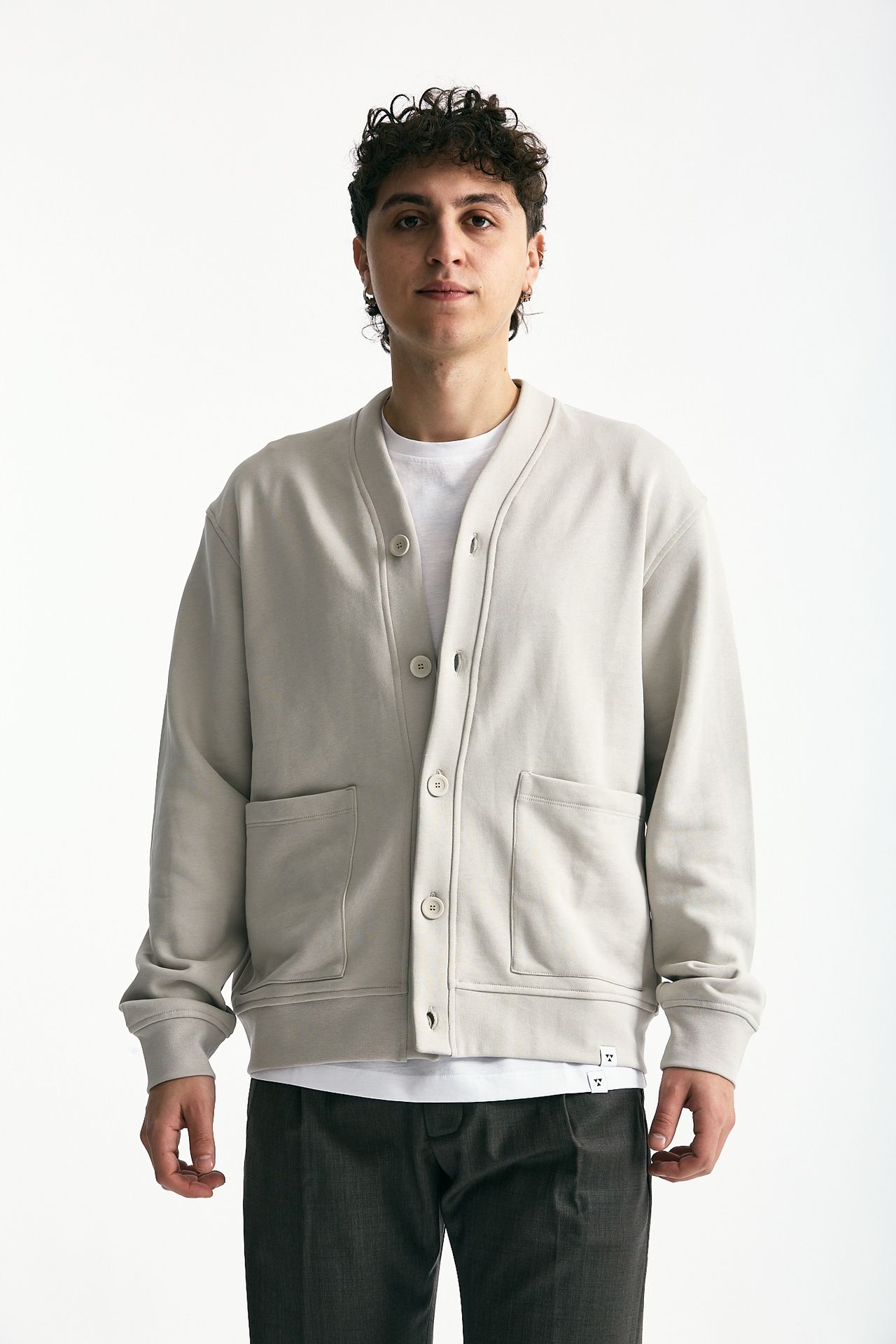 Felpa cardigan in cotone grigio perla uomo Woc - 2