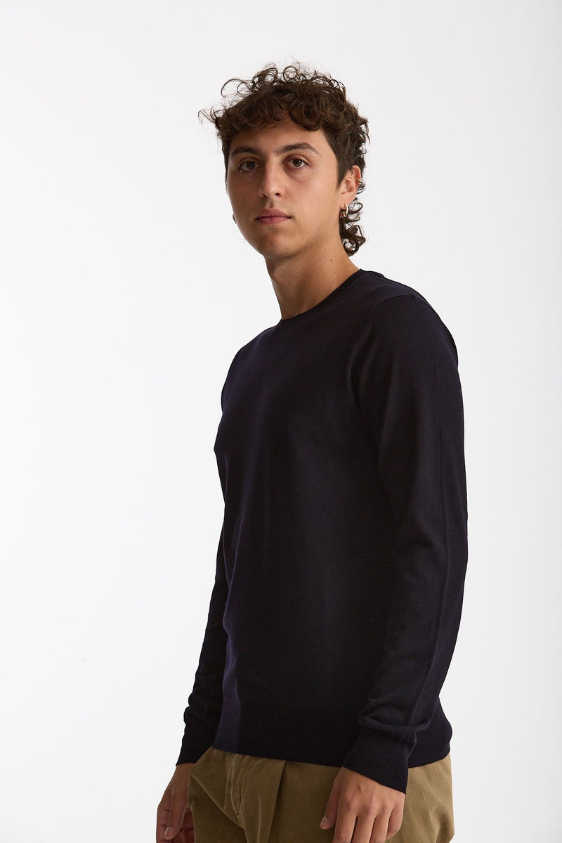 Maglia girocollo in lana rasata blu uomo Hosio - 1