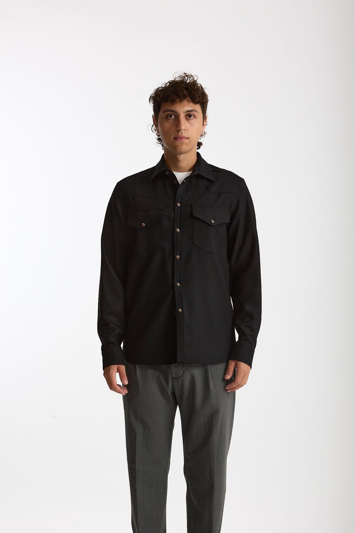 Camicia texana lana e poliestere stretch nero uomo Nine in the morning - 4