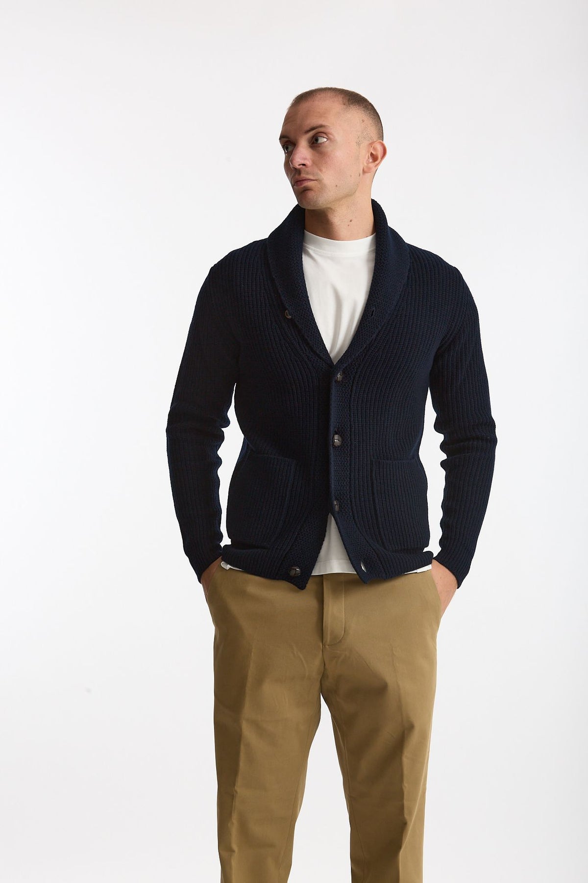 Cardigan a coste in lana blu uomo Rakki - 5