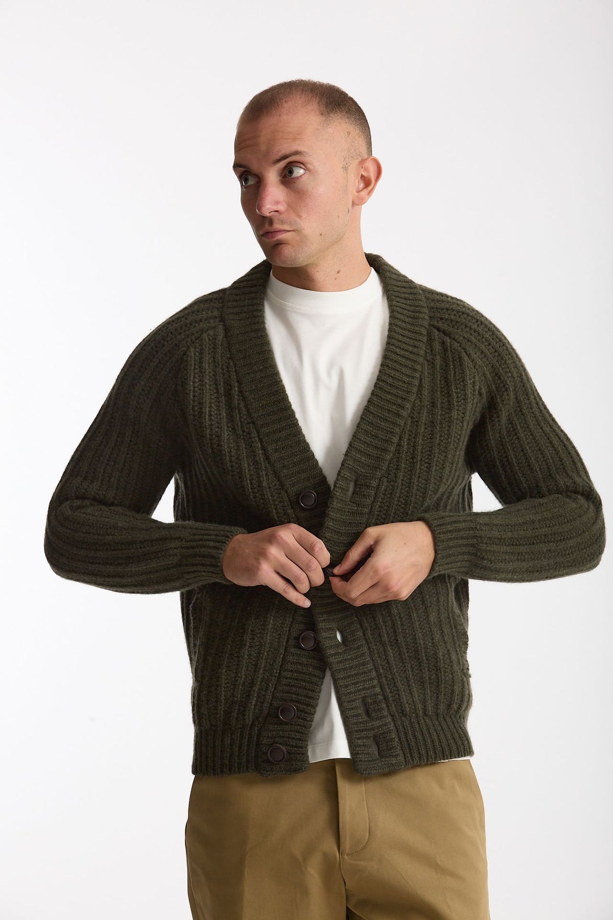 Cardigan a coste in lana verde militare uomo Rakki - 5