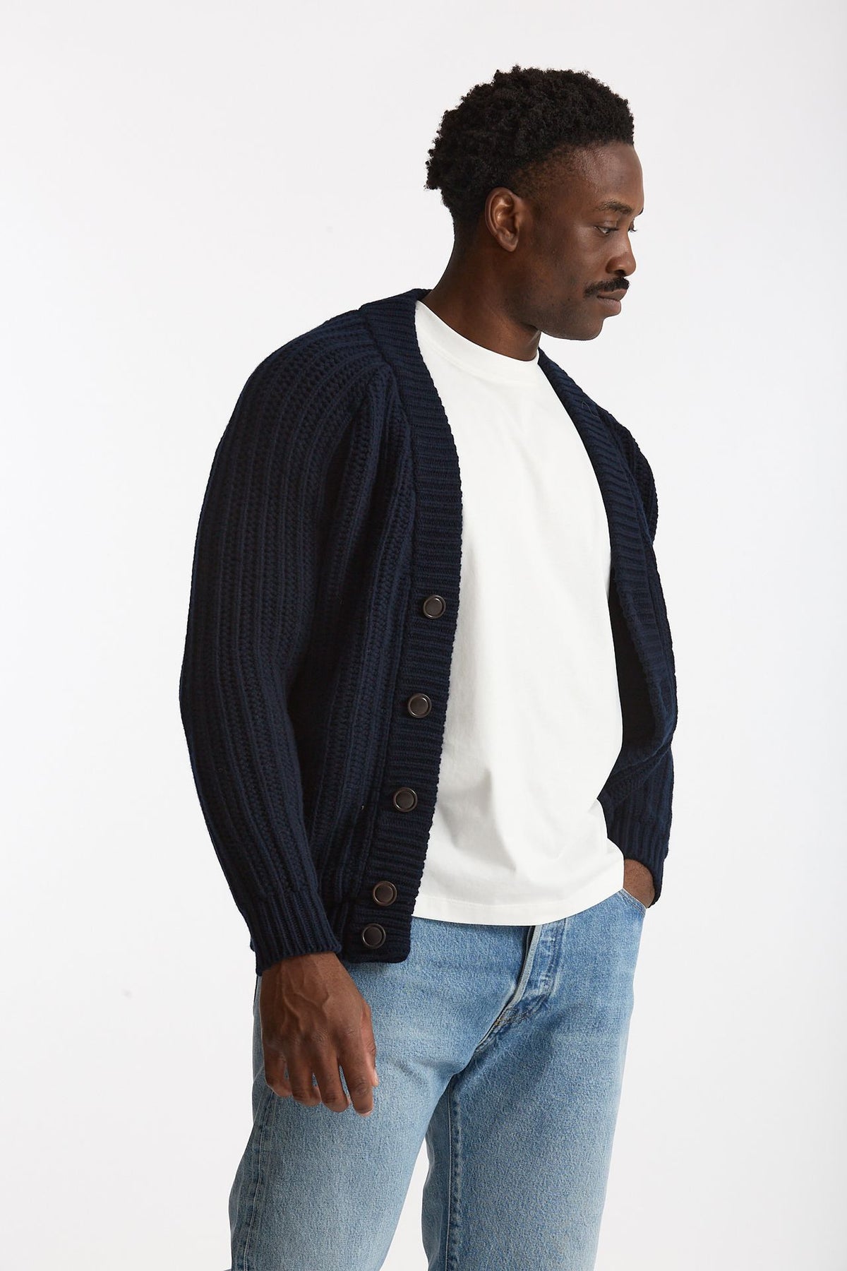 Cardigan a coste in lana blu uomo Rakki - 4