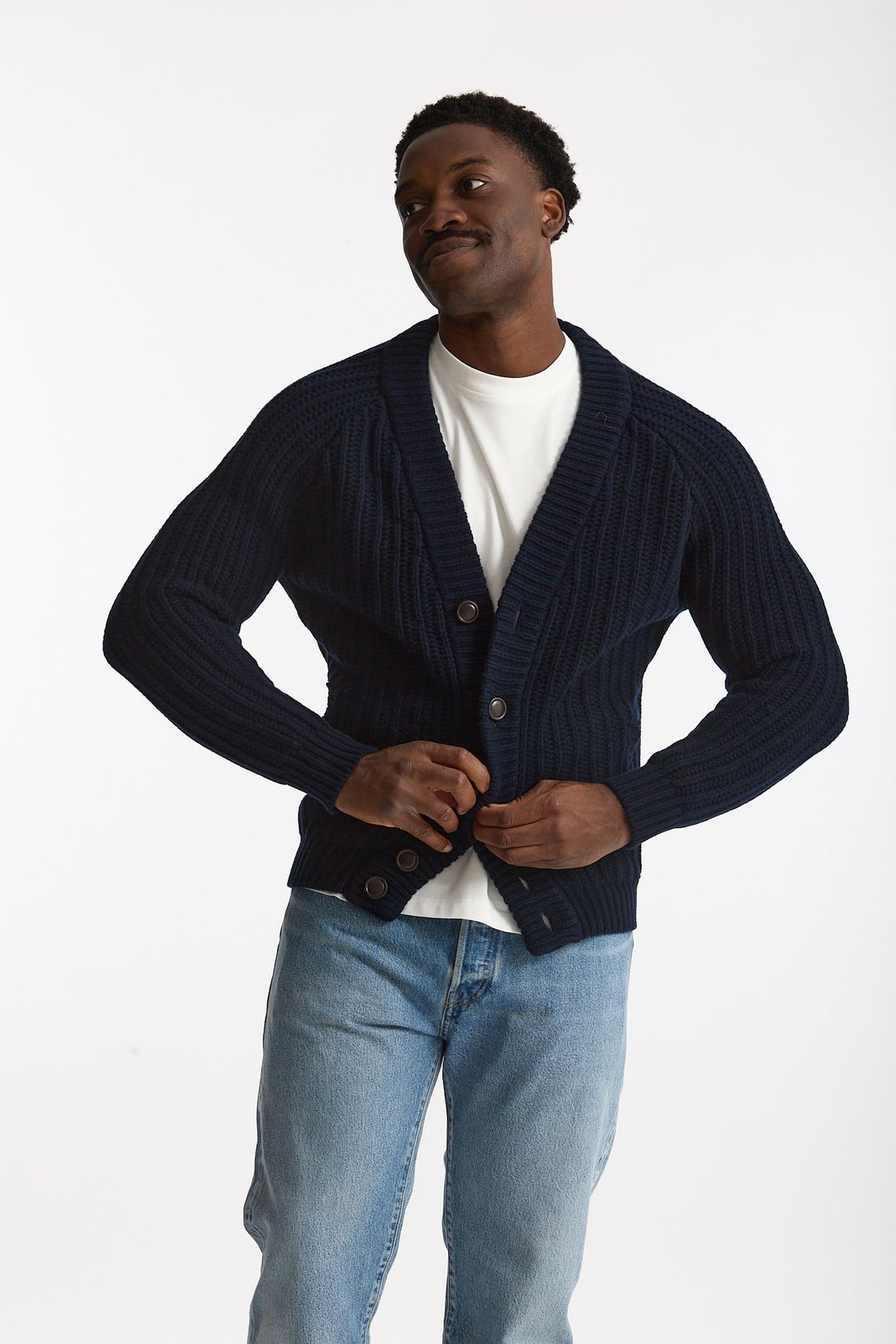 Cardigan a coste in lana blu uomo Rakki - 5