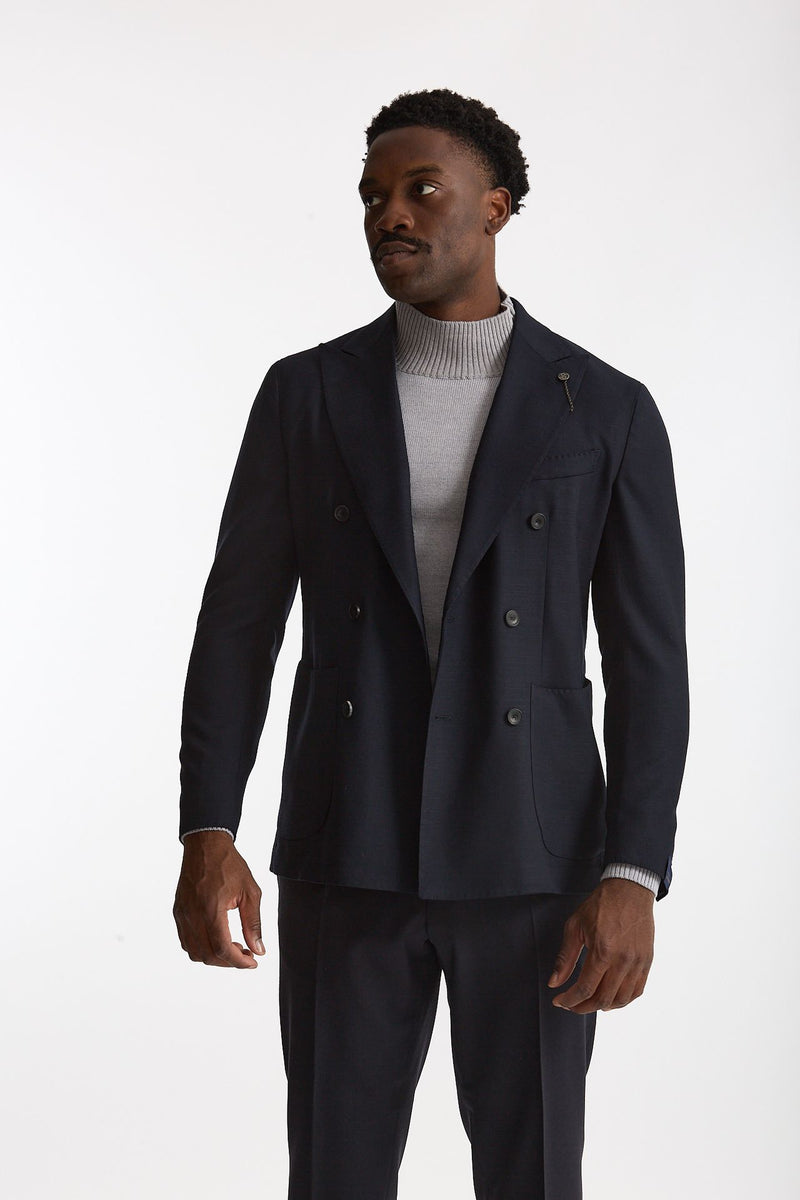 Giacca doppiopetto in lana stretch blu uomo Santaniello - 3