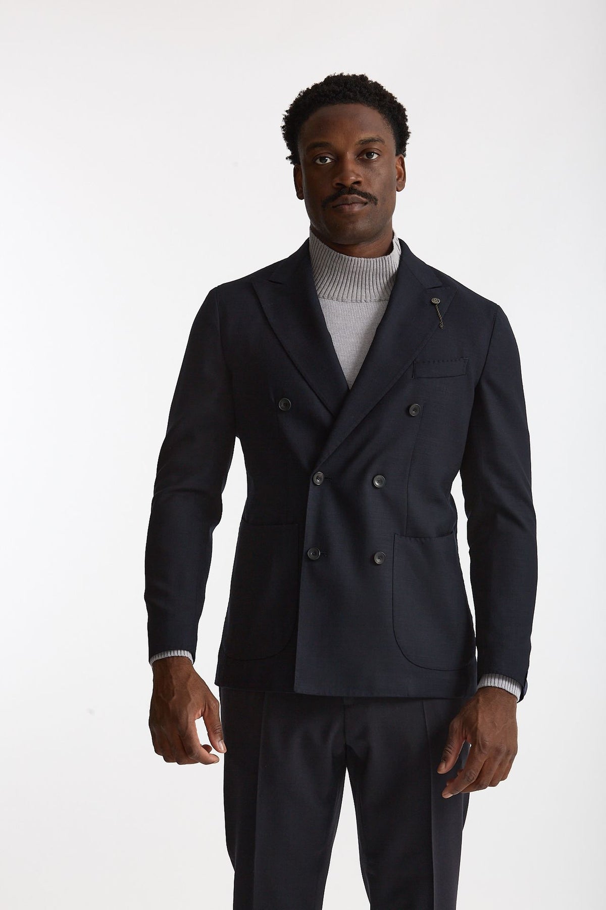 Giacca doppiopetto in lana stretch blu uomo Santaniello - 6
