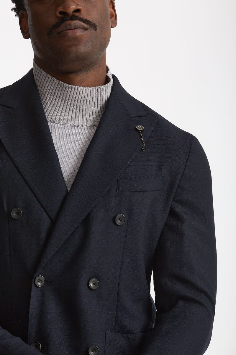 Giacca doppiopetto in lana stretch blu uomo Santaniello - 7