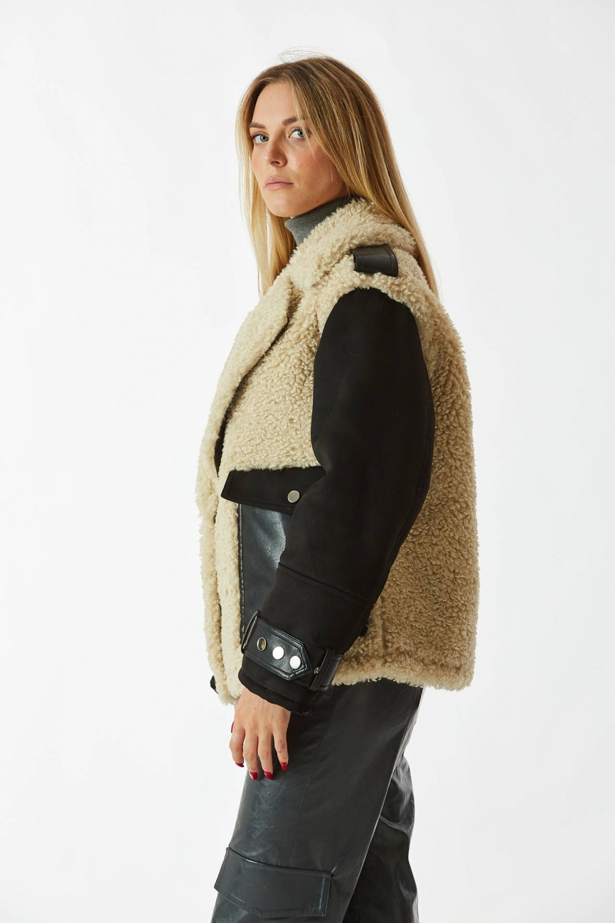 Giubbino eco shearling nero/panna