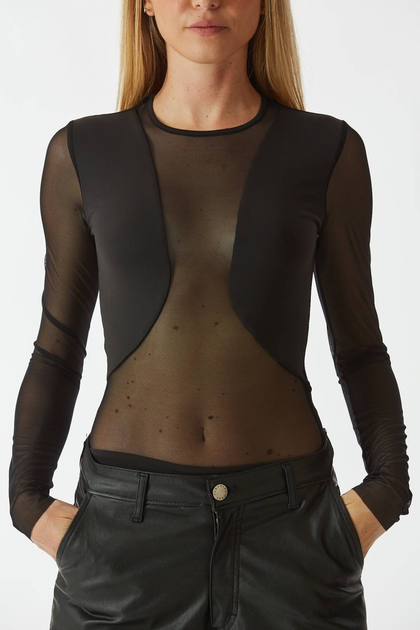 Maglia body semistrasparente nero