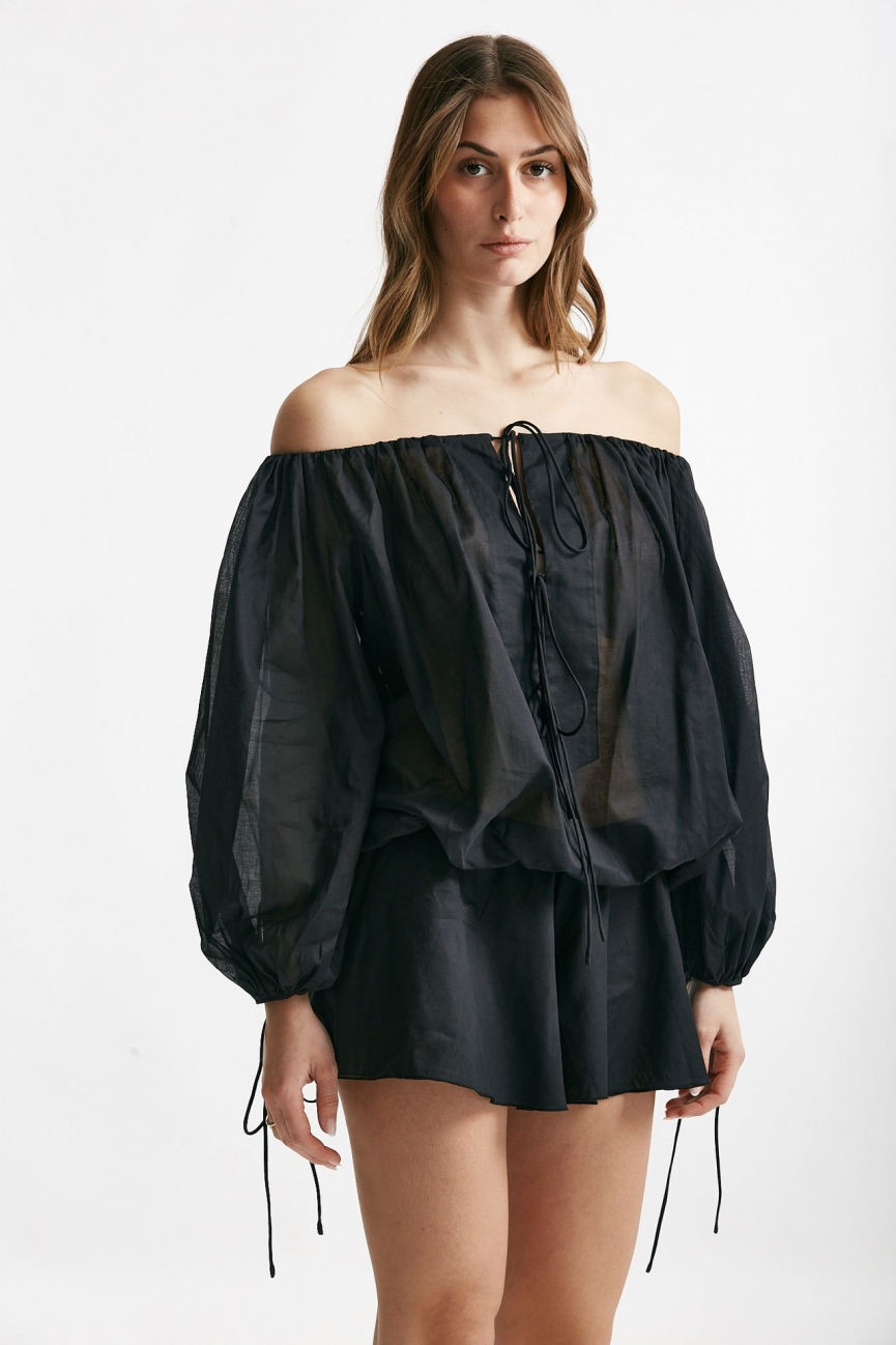 Jumpsuit scollata in mussola di cotone nero 