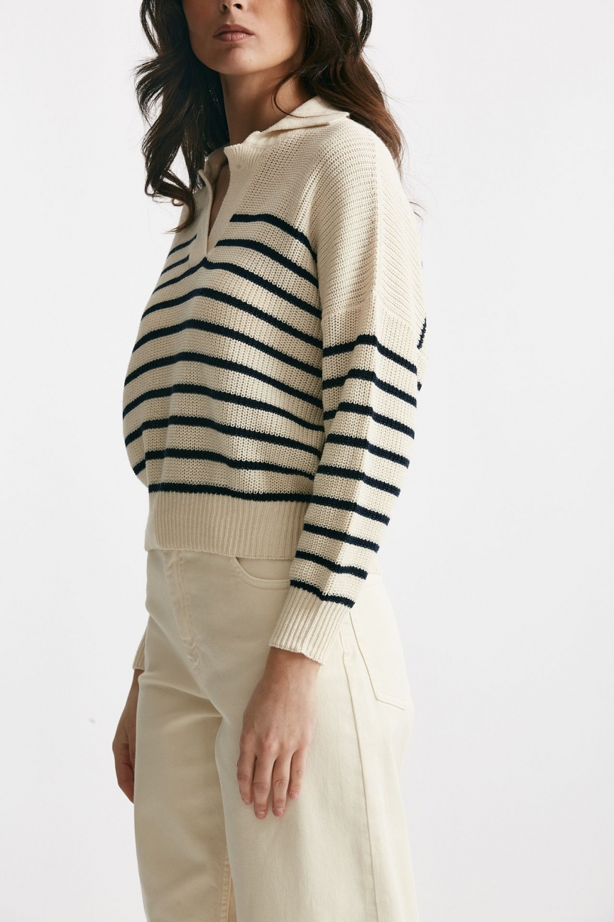 Maglia lavorata in cotone rigata panna e blu